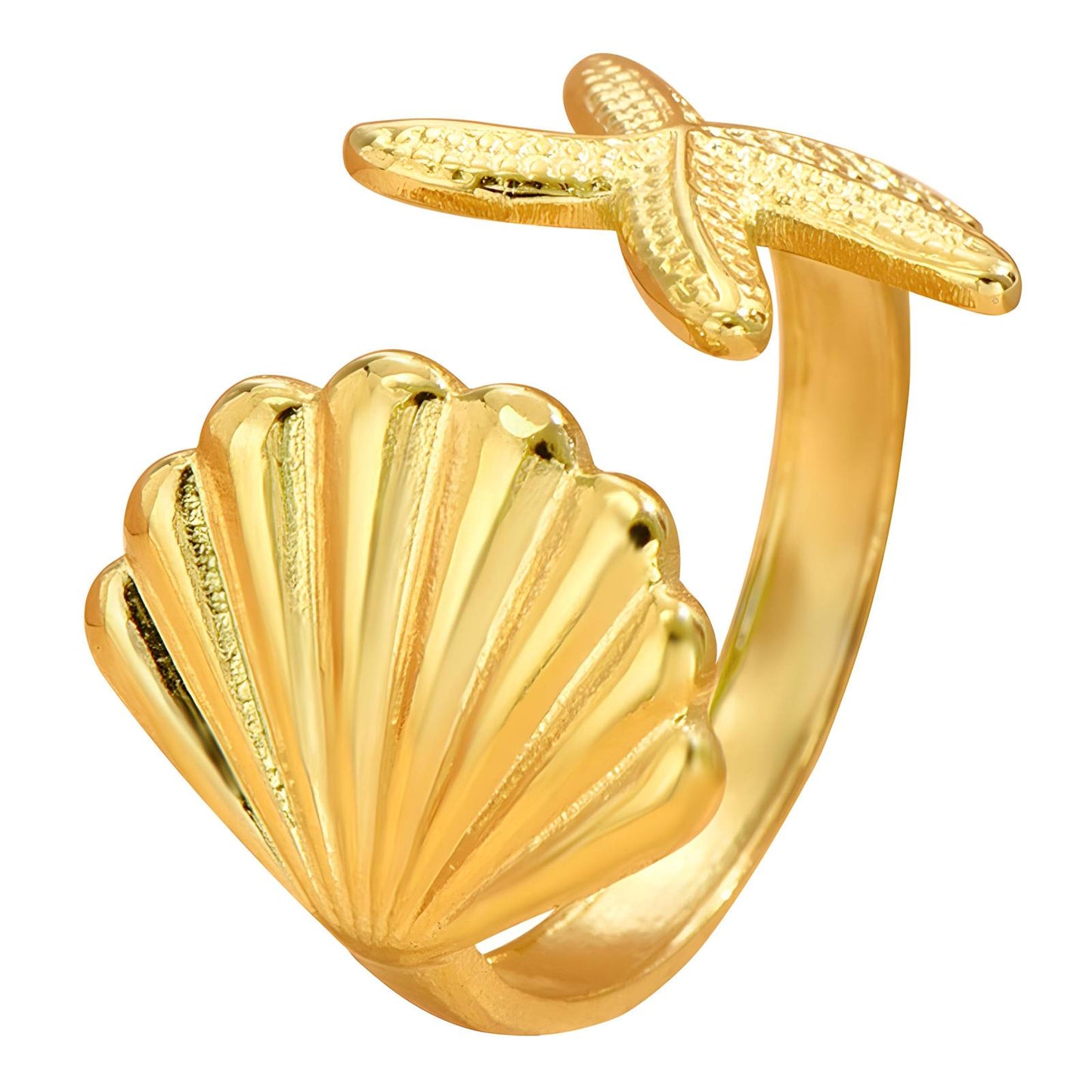 18K gold plated Stainless steel  Starfish &amp; Shell finger ring, Intensity